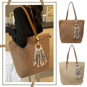 Drawstring Women Straw Tote Handbag Large Capacity Weaving Travel Zipper Closure Retro Ladies Summer Daily Bag