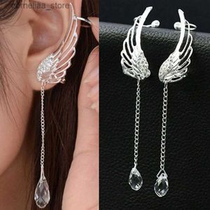 Ear Cuff Ear Cuff Y2K Womens Angel Wings Feather Clip Earrings Fashion Crystal Tassel Jewelry No Earhole Earcuffs Tassel Pendant Earrings Y240326