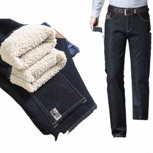 winter Wool Veet Men's Jeans Fleece Thickened Straight Mid-waist Busin Casual Comfortable Thermal Straight Denim Trousers m3U6#