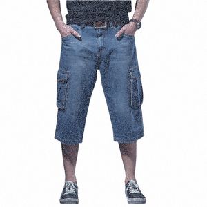 Męskie dżinsowe dżinsowe dżinsowe letnie dżinsy z wieloma kieszeniami Wed Blue Loose Fit Krótkie dno W52W#
