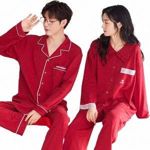 Pigiama rosso Set Cott Coppie Homewear Autunno Womens Sleepwear Cardigan Pigiama da uomo coreano pigiama para parejas Lover Pjs t3qU #