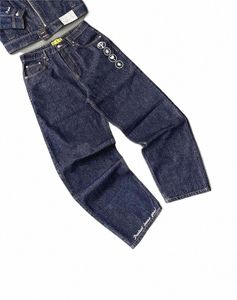 mężczyźni fi proste szerokie nogi worki dżinsy y2k hip hop retro liter haft haft wed blue dżinsowe spodnie dżinsy streetwear v32b#