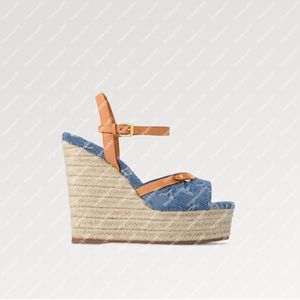 Explosion Women's Helios Wear Sandal Shoe Sandal 1Acizp Bianched Denim Natural in pelle Naturale Tronzola per cuneo oro Sua a cunea intrecciata intrecciata intrecciata classica blu caviglia espadrille