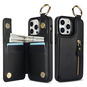Litchi Leather Zipper Card Holder Wallet Case, Heavy Duty Ring Holder Phone Cover, Kickstand Funda, For iPhone 15 Pro Max 14 13 12 11 XR X 8