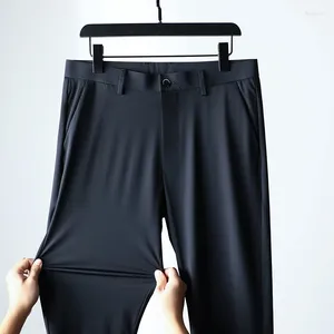 Men's Pants Ultra-thin Ice Silk Cool Casual Summer High Elasticity Quick-drying Drape Business Straight Trousers Black Gray