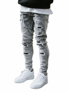 men's Skinny Ripped Jeans Streetwear Fi Beggar Patch Men Pencil Pants Grey/Blue Slim Denim Trousers Casual Jeans for Men O7Qc#