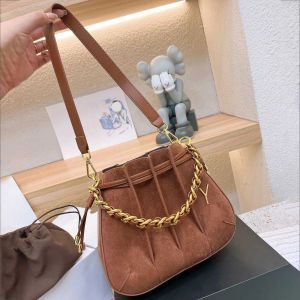 Women's Designer Bag Suede Buckle Bag Luxury Gold Chain Knight Handbags Vintage Ladies Purses Classic Brown Drawstring Shoulder Bags -14