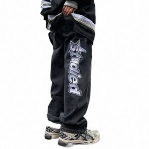 Nya mäns jeans brevstjärna tryck y2k amerikansk stil hiphop hög midja lös rak dragkedja fi denim byxor het försäljning d1jh#