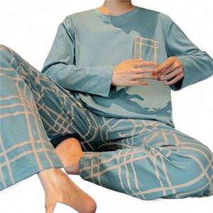 Neue Herbst Winter Cott Pyjamas Für Männer Homesuit Plus Größe LG Sleeve Plaid Hosen Nachtwäsche Runde Kragen Beiläufige Lose Sets 14mI #