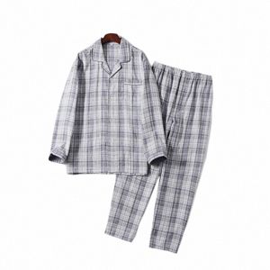 Wiosenna jesień mężczyzn Casual Plaid Pajama Zestawy Mężczyzna 100% Kawatowa Spit Ruit Men LG Sleeve Town Cołdki Koszulki E2MG#