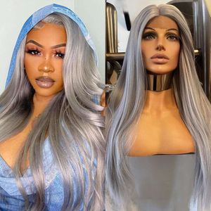 Lovestory Long Straight Synthetic Lace Front Wigs Heat Resistant Gray Natural Hair Wig for Women 180 Density 22-24 Inch