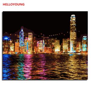 番号Helloyoung DIY手描きの油絵香港の夜のデジタルペインティング