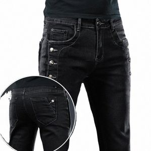 Nya män Slim Butt Black Skinny Jeans Solid Color Stretch Skateboard Multi-Butt Youth Mane Denim Pants F5MV#