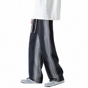 Мужские джинсы с градиентом 2022 Осень Новые корейские уличные боковые панели Свободные брюки Мешковатые удобные повседневные брюки Джинсовые брюки Черные v7dE #