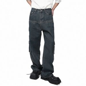 Syuhgfa Trend Men's Cargo Denim Pants Fi Design Multi Pocket Persality Jeans Vintage Manlig baggy overaller Autumn New X3f1#