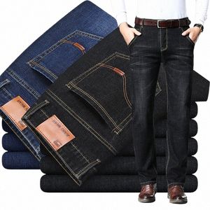 FI European American Style Stretch Men Jeans Luxury Men's Denim Pants Slim Straight Deep Blue Gentleman Storlek 28-38 Slacks L20R#