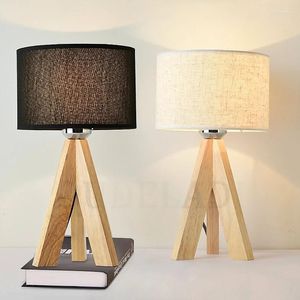 Tischlampen Holzlampe mit weißem schwarzem Tuch Lampenschirm Home Decor Wohnzimmer Nachttisch Schreibtischlampe E27 Studie Leseleuchte