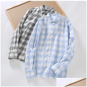 Mens Casual Shirts Japanese Plaid Shirt Spring Summer Long Sleeve Cotton Loose Square Collar Tren Tops Drop Delivery Apparel Clothing Otkmp