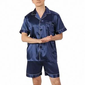 Hem Satin Solid Male Set Shirt+Shorts Sleeve 2st Sleepwear Color Casual Silk Summer Thin Suit Kläder Pyjama Män Kort Z5YY#