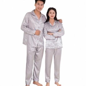 Conjunto de pijamas masculinos de cetim de seda Fi Pijamas Casal Cor sólida Manga Lg Terno Primavera Outono Camisola de seda Robe Roupas 96bt #