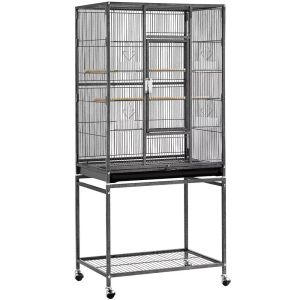 Nests 54"H Large Rolling Metal Pet Cage for Birds or Small Animal, Black