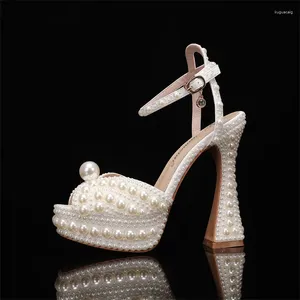 Sapatos de vestido strass pérola dedo do pé aberto salto alto plataforma salto grosso 14cm sandálias fivela casamento mulheres nupciais sandalias mujer