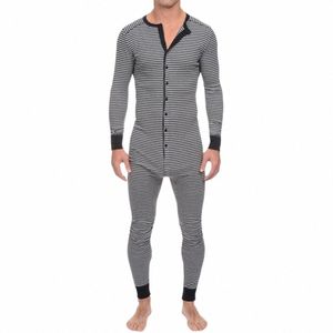 men Skinny Striped Jumpsuit 2021 Lg Sleeve O Neck Butts Romper Sleepwear Overall Homewear Pajamas Sets Underwear q6Xr#