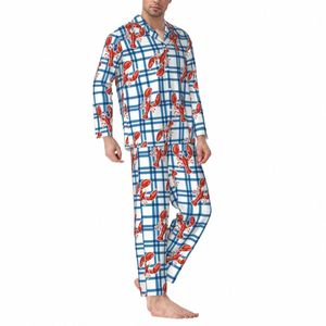 Pyjamas Man Love Of Lobsters Tägliche Nachtwäsche Blau Plaid 2 Stück Vintage Pyjama-Sets LG-Ärmel Kawaii Übergroßer Heimanzug y2kQ #