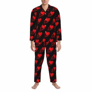 Coração vermelho Pijama Set Dia dos Namorados Kawaii Pijamas Homens Lg Manga Estética Diária 2 Peça Pijamas Tamanho Grande v89C #