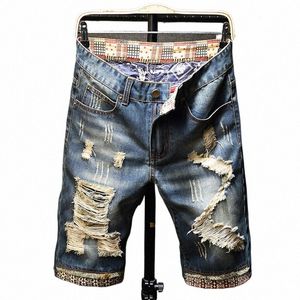 2023 Summer New Men's Ripped Short Dżinsy Streetwear Big Hole Fi Vintage Blue Slim Denim Shorts Ubrania marki U95N#