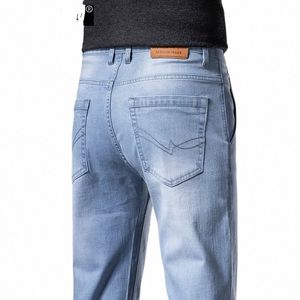 Anti-stöld blixtlåsdesign Herrens ljusblå raka ben Jeans Autumn Slitesistent Elastic Fabric Cargo Denim Pants Male V6FW#