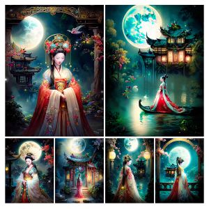 Stich diy 5d Mosaikkunst Alte chinesische Pavillonin Frau Diamant Malmale Mond Nacht Landschaft Voller Strassstickbild JX0010