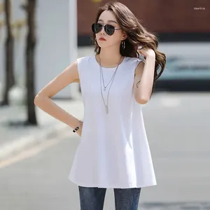 Mulheres Camisetas Mulheres Verão Sem Mangas T-shirt Moda O-pescoço Solto Mercerizado Algodão Regatas Simplicidade Casual Básico Longo Branco