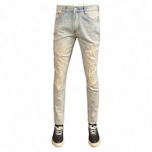 Fi Streetwear Men Jeans高品質のレトロウェドブルーストレッチスリムリッピングジーンズの男性ペイントデザイナーヴィンテージデニムパンツ84rz＃