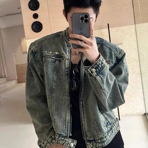 Men Denim Jackets Fashion Vintage Washed Shoulder Pad Short Jean Coat Unisex High Steet Metal Design Stand Collar Clothing 240307