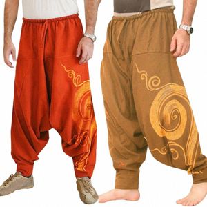 Homens Casual Harem Pants Summer Yoga Baggy Hippie Spiral Print Calças e99P #