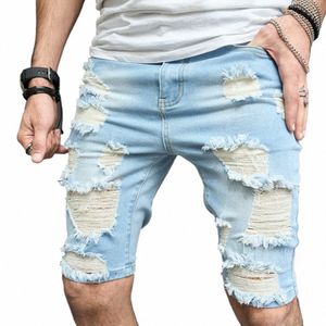 Summer Men Stylish Holes Slim Fit Denim Shorts Solid Cott Casual Man Beach Five-Point Pants Jeans Shorts S0KW#