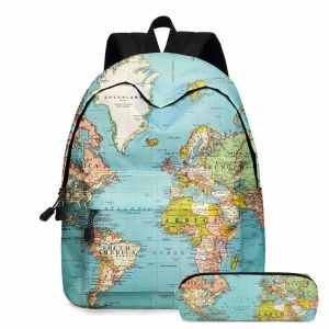 Plecak 2pcs mapa świata drukowanie plecak dziewcząt torba laptopa torba podróżna Travel Daypack Student Plecak z ołówkiem obudowa