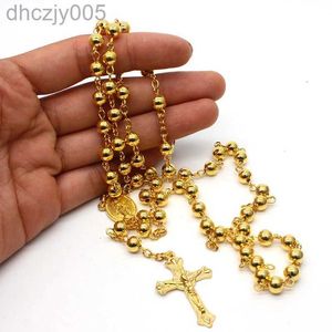 Collane con ciondolo Collana religiosa cristiana in oro giallo 14k con perline di rosario Collana con croce di Gesù regalo di gioielli a catena lunga FS80