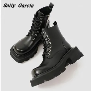 Stövlar Patent Leather Rock Punk Style Lace Up Motorcykel Autumn Ins Side Zipper Shoes Round Toe Platform Casual