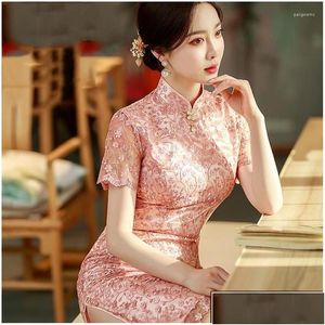 Ethnic Clothing Women Lace Long Pink Elegant Qipao Chinese Formal Party Gown Mandarin Collar Y Cheongsam Short Sleeve Retro Drop Deliv Ot5Yt