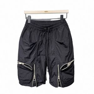 Herr Black Cargo Pants Men's Multi Pocket Casual dragkedja Shorts Drawstring Cargo Spliced ​​Pants Korean Streetwear Half Trousers L1io#