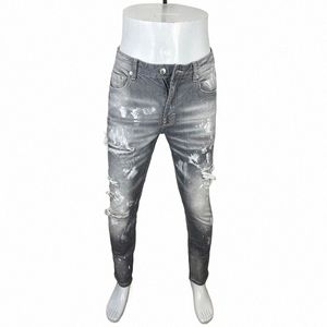 street Fi Men Jeans Retro Gray Elastic Slim Fit Hole Ripped Jeans Men Stretch Trousers Painted Designer Brand Pants Hombre e9r4#