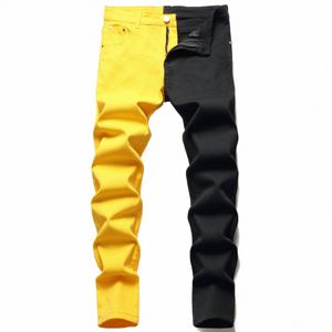 brand Red Yellow Green Stitching Men Jeans Autumn Winter New Slim Skinny Stretch Street Hip Hop Male Elastic Denim Pants 28-40 R9la#