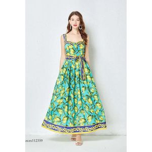 2024 Latest Model 2023 Casual Dresses Women's Runway Fashion Maxi Summer Bohemia Lemon Print Lace Up Belt High Waist Vacation Long Spaghetti Strap Dress