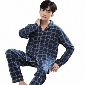 Wiosna i jesień mężczyźni piżamowi Zestaw Knit Cott Cott Pajamas Plaid Zniszczanie mężczyzny kołnierzyka paliamas m3uq#