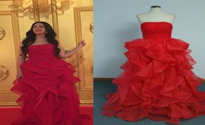 2015 Kırmızı Ucuz Ünlü Elbiseler Bir Çizgi Straplez Katmanlar Etek Zemin Uzunluğu Kırmızı Halı Akşam Elbiseleri Gerçek Pos5351097