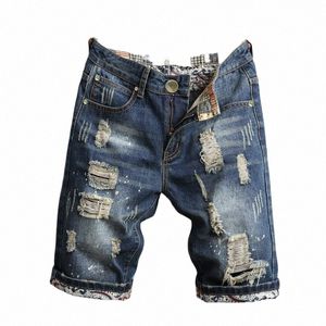 high Street Jeans Trendy Five Point Beggar Pants Youth Broken Hole Denim Shorts Men's Outwear Straight Pants Retro 93P7#