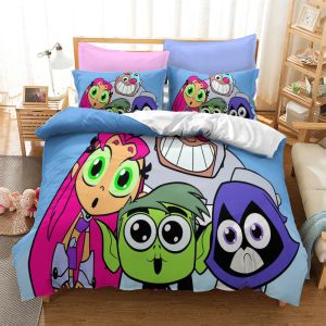 Set Cartoon Teen Titans Yatak Set Set Erkek Kızlar İkiz Kraliçe Boyut Kapak Yastık Kılıf Yatak Çocuklar Yetişkin Ev Tekstilextile Sheer Perdeler