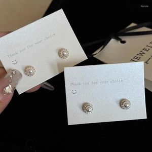 Stud Earrings Real 925 Sterling Silver Pearl Geometric Zircon For Women Fine Jewelry Minimalist Accessories